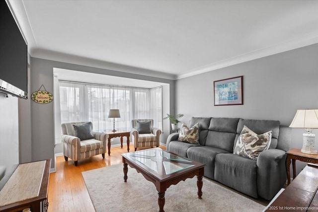 living room featuring light wood-style floors, baseboards, and crown molding