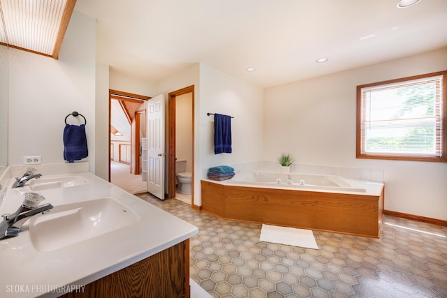 1 Byron Ct, Hawthorn Woods, IL 60047 - bathroom with toilet, double vanity, a garden tub, tile patterned floors, and recessed lighting