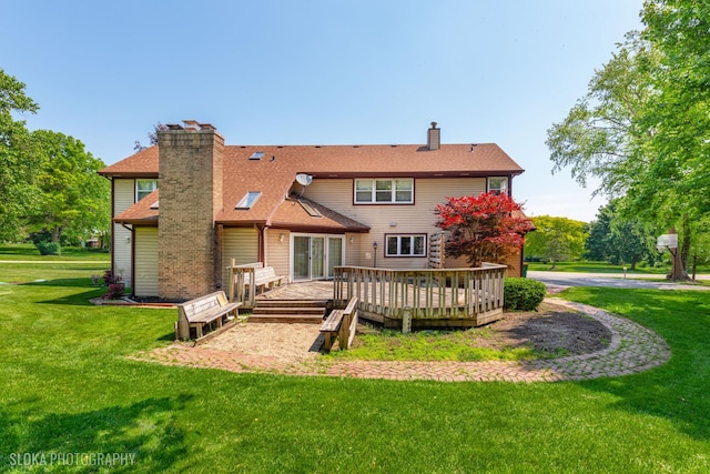 1 Byron Ct, Hawthorn Woods, IL 60047 - back of house with a chimney, a wooden deck, and a yard