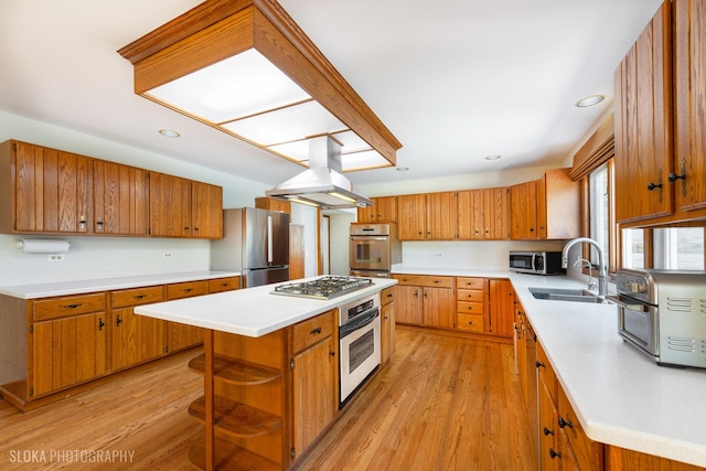 1 Byron Ct, Hawthorn Woods, IL 60047 - kitchen featuring stainless steel appliances, island exhaust hood, brown cabinets, a sink, and light countertops