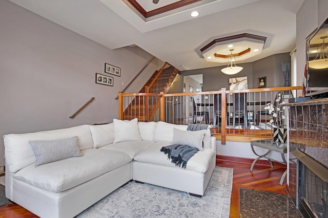 5912 N NW Hwy, Chicago, IL 60631 - living room featuring wood finished floors, a raised ceiling, and stairs