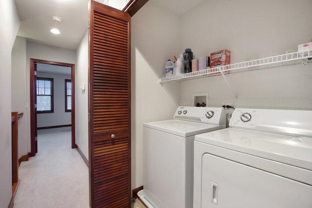 5912 N NW Hwy, Chicago, IL 60631 - clothes washing area featuring washing machine and clothes dryer, baseboards, and light colored carpet