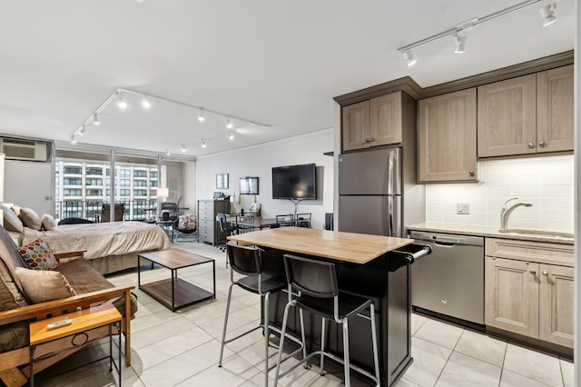 kitchen with stainless steel appliances, open floor plan, track lighting, and a sink