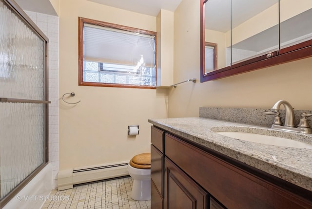 6004 S Kolmar Ave, Chicago, IL 60629 - full bath with toilet, a baseboard heating unit, shower / bath combination with glass door, and vanity