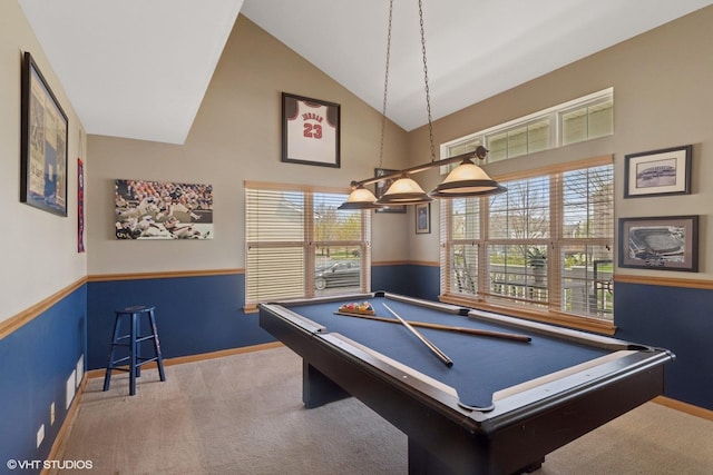 game room featuring billiards, baseboards, carpet, and high vaulted ceiling