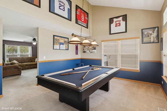 playroom featuring carpet flooring, high vaulted ceiling, a ceiling fan, pool table, and baseboards