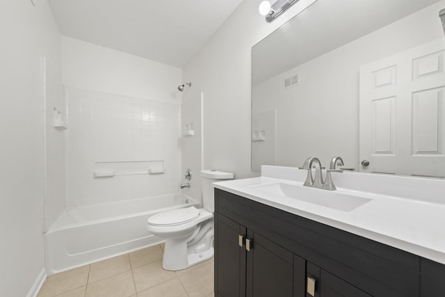 bathroom featuring visible vents, vanity, toilet, shower / tub combination, and tile patterned floors