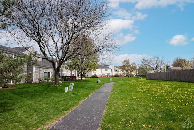 view of property's community with a lawn, fence, and a residential view