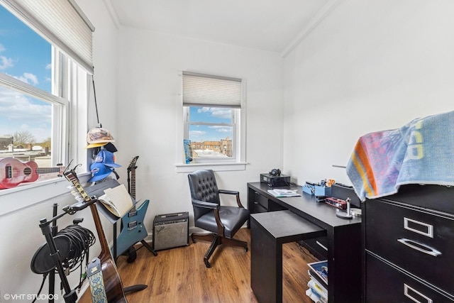 home office with a wealth of natural light and wood finished floors