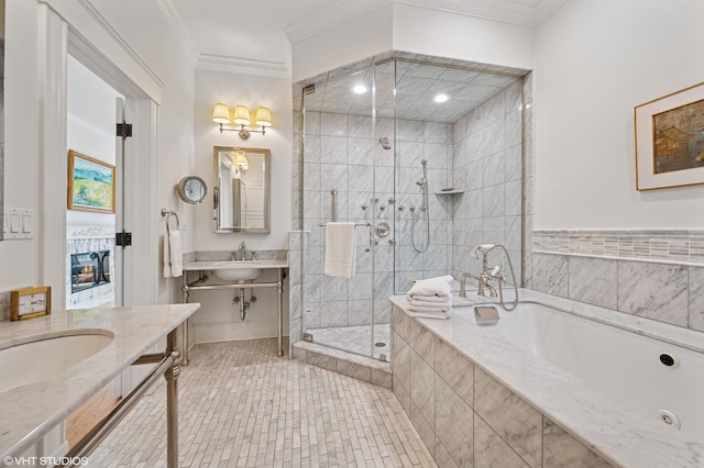2535 N Burling St, Chicago, IL 60614 - bathroom featuring a shower stall, a bath, crown molding, and a fireplace