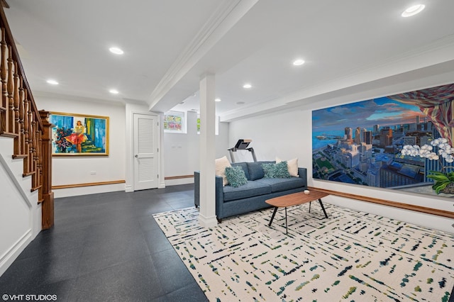 2535 N Burling St, Chicago, IL 60614 - living area with crown molding, a baseboard radiator, stairs, baseboards, and recessed lighting
