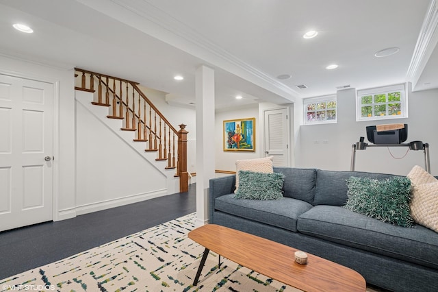 2535 N Burling St, Chicago, IL 60614 - living room with crown molding, recessed lighting, and stairway