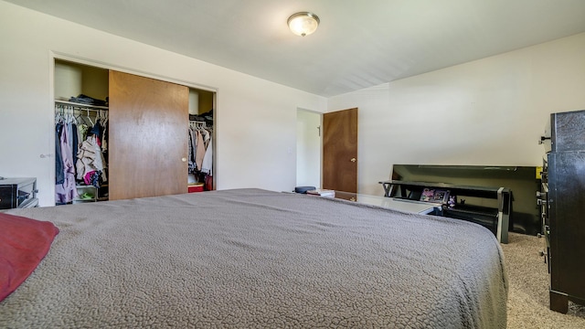bedroom with vaulted ceiling, carpet floors, and a closet