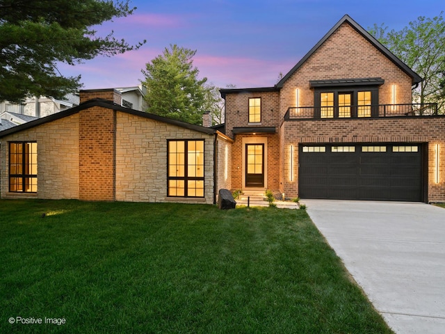 118 Lockerbie Ln, Wilmette, IL 60091 - view of front facade featuring concrete driveway, a balcony, a front yard, brick siding, and stone siding