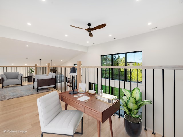 118 Lockerbie Ln, Wilmette, IL 60091 - home office with light wood-style floors, a ceiling fan, and recessed lighting