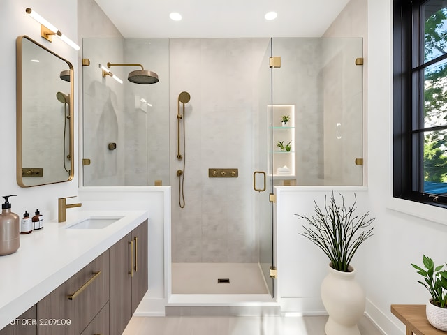 118 Lockerbie Ln, Wilmette, IL 60091 - bathroom with a stall shower, vanity, and recessed lighting