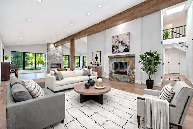 118 Lockerbie Ln, Wilmette, IL 60091 - living area featuring a fireplace, high vaulted ceiling, and recessed lighting