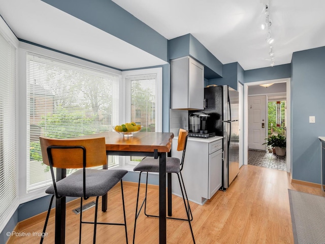 kitchen with baseboards, plenty of natural light, light wood-type flooring, and rail lighting