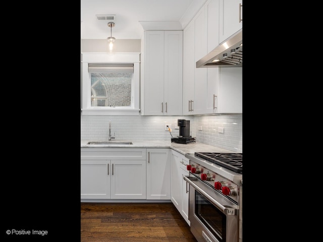 kitchen featuring a sink, luxury stove, under cabinet range hood, backsplash, and light stone countertops