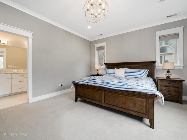 bedroom with light carpet, a chandelier, baseboards, crown molding, and connected bathroom