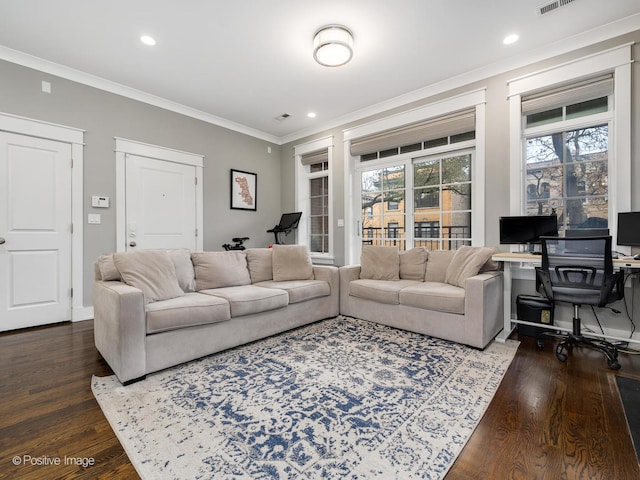living area with an office area, dark wood-style flooring, ornamental molding, and recessed lighting