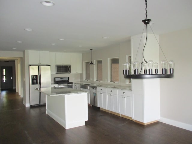 27094 W Lakeview Dr S, Lake Barrington, IL 60084 - kitchen with stainless steel appliances, recessed lighting, white cabinets, a kitchen island, and dark wood-style flooring