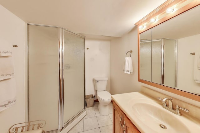 full bath with tile patterned flooring, vanity, and a shower stall