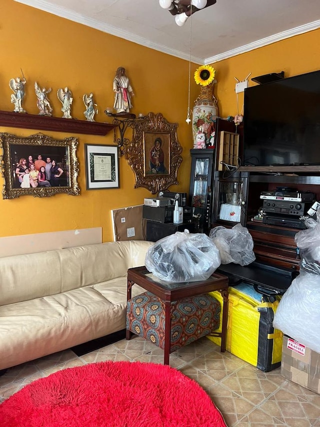 living room with ornamental molding