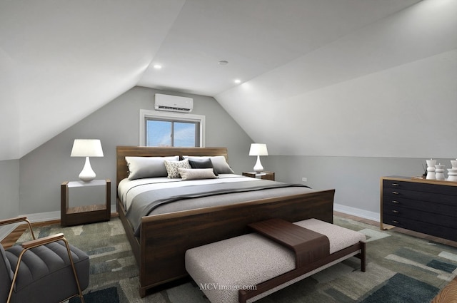 carpeted bedroom with baseboards, a wall mounted air conditioner, and lofted ceiling