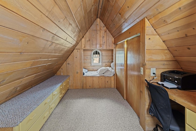 additional living space with wooden walls, wood ceiling, carpet, and vaulted ceiling