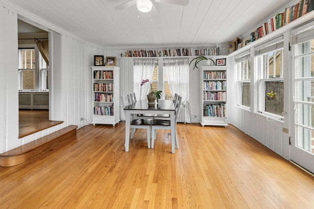 office featuring ceiling fan, plenty of natural light, and light wood-type flooring