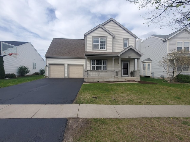 368 W Winchester Dr, Round Lake, IL 60073 - view of front of property featuring a garage, covered porch, a front yard, and aphalt driveway