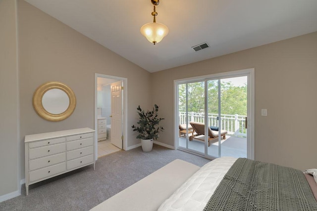bedroom featuring visible vents, vaulted ceiling, baseboards, access to outside, and light carpet