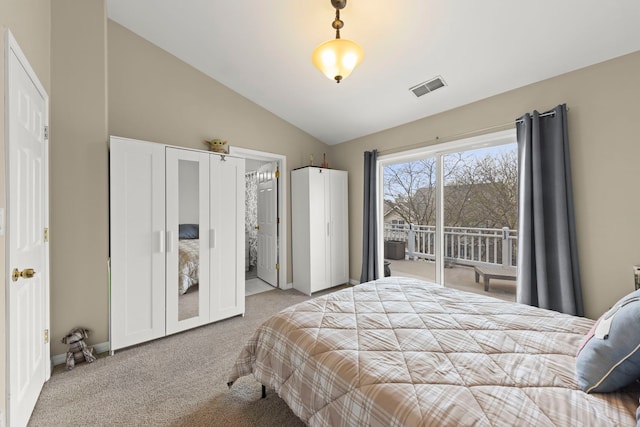 bedroom with visible vents, carpet floors, baseboards, access to outside, and vaulted ceiling