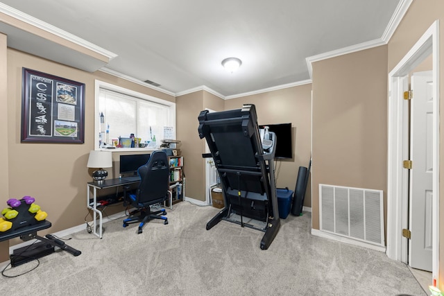 office space featuring carpet flooring, baseboards, visible vents, and ornamental molding