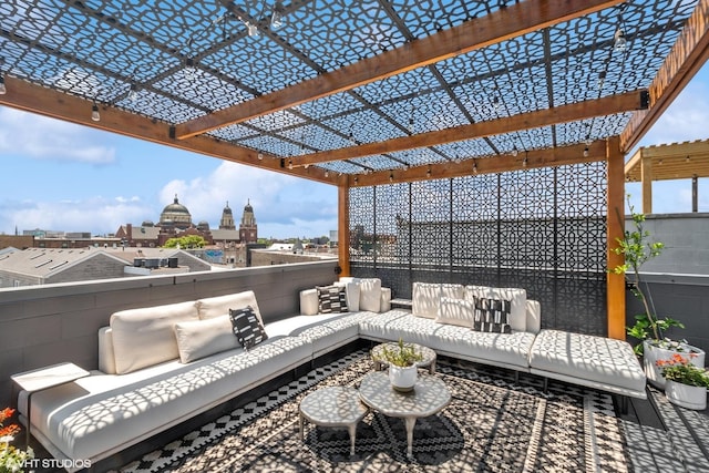 view of patio / terrace with a pergola and outdoor lounge area