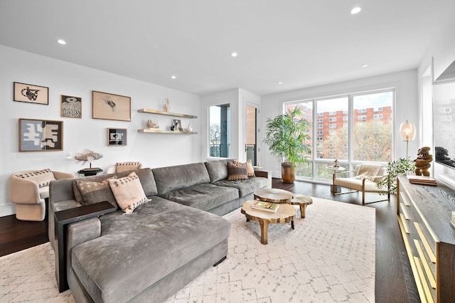 living area featuring recessed lighting and hardwood / wood-style floors