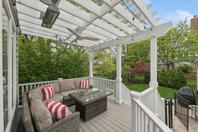 840 S Madison St, Hinsdale, IL 60521 - deck featuring an outdoor living space, a pergola, and a ceiling fan