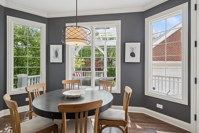 840 S Madison St, Hinsdale, IL 60521 - dining area featuring baseboards, dark wood finished floors, and crown molding