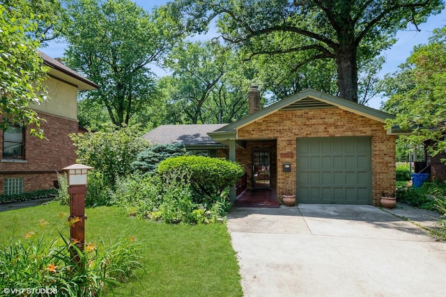 10740 S Drew St, Chicago, IL 60643 - view of front facade featuring concrete driveway, an attached garage, brick siding, a chimney, and a front lawn