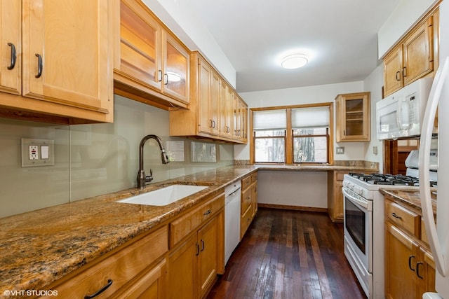 10740 S Drew St, Chicago, IL 60643 - kitchen with white appliances, dark stone counters, dark wood finished floors, and glass insert cabinets