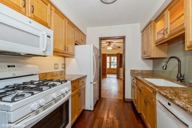 10740 S Drew St, Chicago, IL 60643 - kitchen featuring white appliances, a ceiling fan, dark wood-style flooring, and dark stone countertops