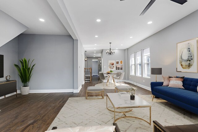 5068 W Congress Pkwy, Chicago, IL 60644 - living room with wood finished floors, ceiling fan, baseboards, a chandelier, and recessed lighting