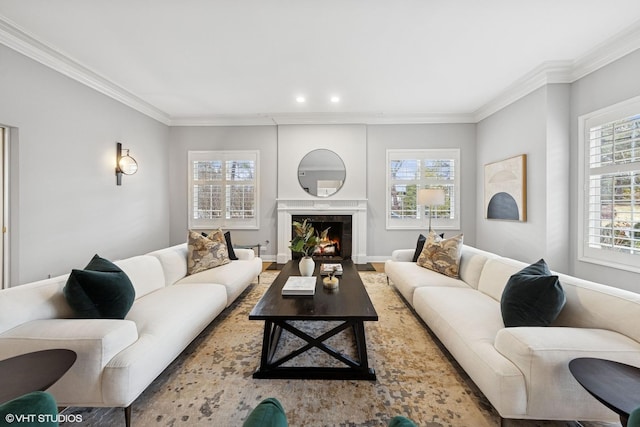 living area with crown molding, a premium fireplace, recessed lighting, baseboards, and wood finished floors