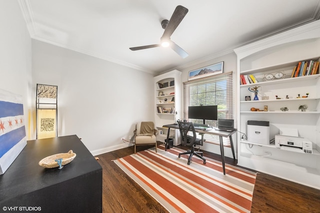 26W241 Arrow Glen Ct, Wheaton, IL 60189 - office space with crown molding, ceiling fan, dark wood-style floors, and baseboards