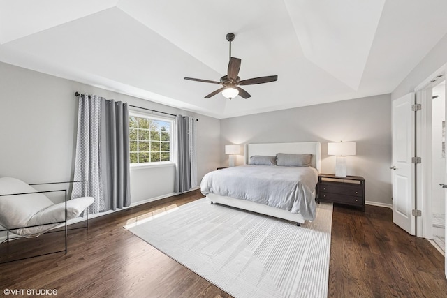 26W241 Arrow Glen Ct, Wheaton, IL 60189 - bedroom with wood finished floors, a tray ceiling, baseboards, and ceiling fan