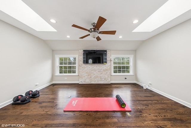 26W241 Arrow Glen Ct, Wheaton, IL 60189 - exercise area with a skylight, lofted ceiling, ceiling fan, wood finished floors, and recessed lighting