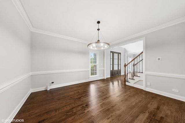 26W241 Arrow Glen Ct, Wheaton, IL 60189 - unfurnished dining area with a chandelier, wood finished floors, stairs, crown molding, and baseboards