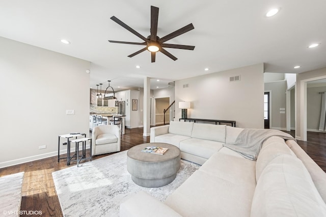 26W241 Arrow Glen Ct, Wheaton, IL 60189 - living area with a ceiling fan, stairway, dark wood-style floors, recessed lighting, and baseboards