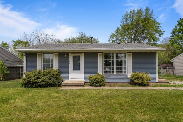 single story home with fence and a front lawn
